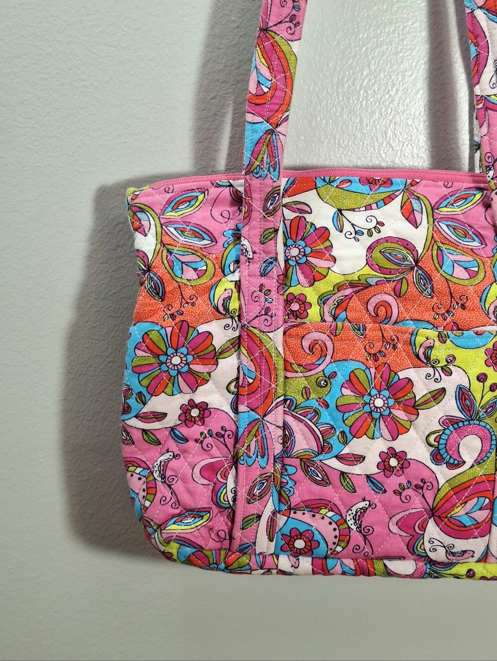 Handmade Quilted Cotton Tote Bag Purse 12X9 In Paisley Floral Pink Blue Pockets - Picture 2 of 16